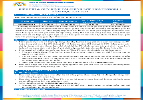 BIỂU PHÍ & QUY ĐỊNH TÀI CHÍNH CỦA LỚP MONTESSORI 1